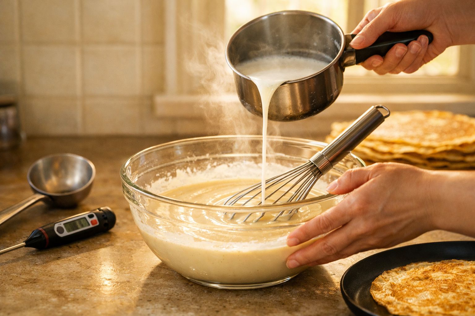 Mãos a preparar massa para crepes, com batedor, leite quente a ser despejado numa taça de vidro na cozinha.