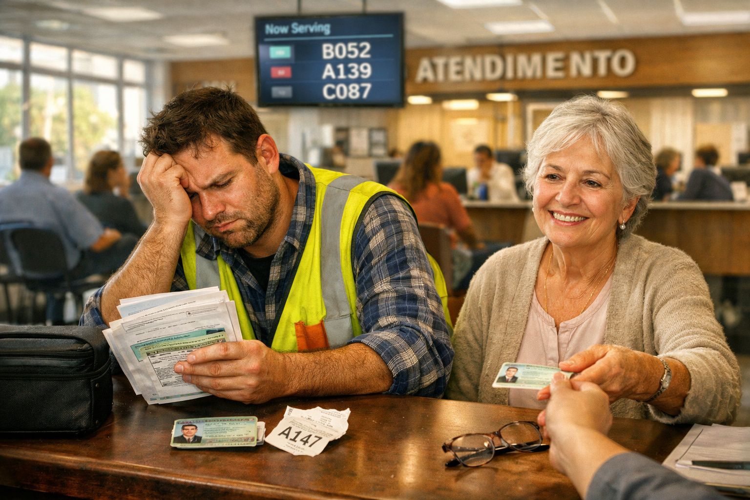 Homem cansado a analisar documentos e mulher sorridente a entregar cartão de identificação no balcão de atendimento.