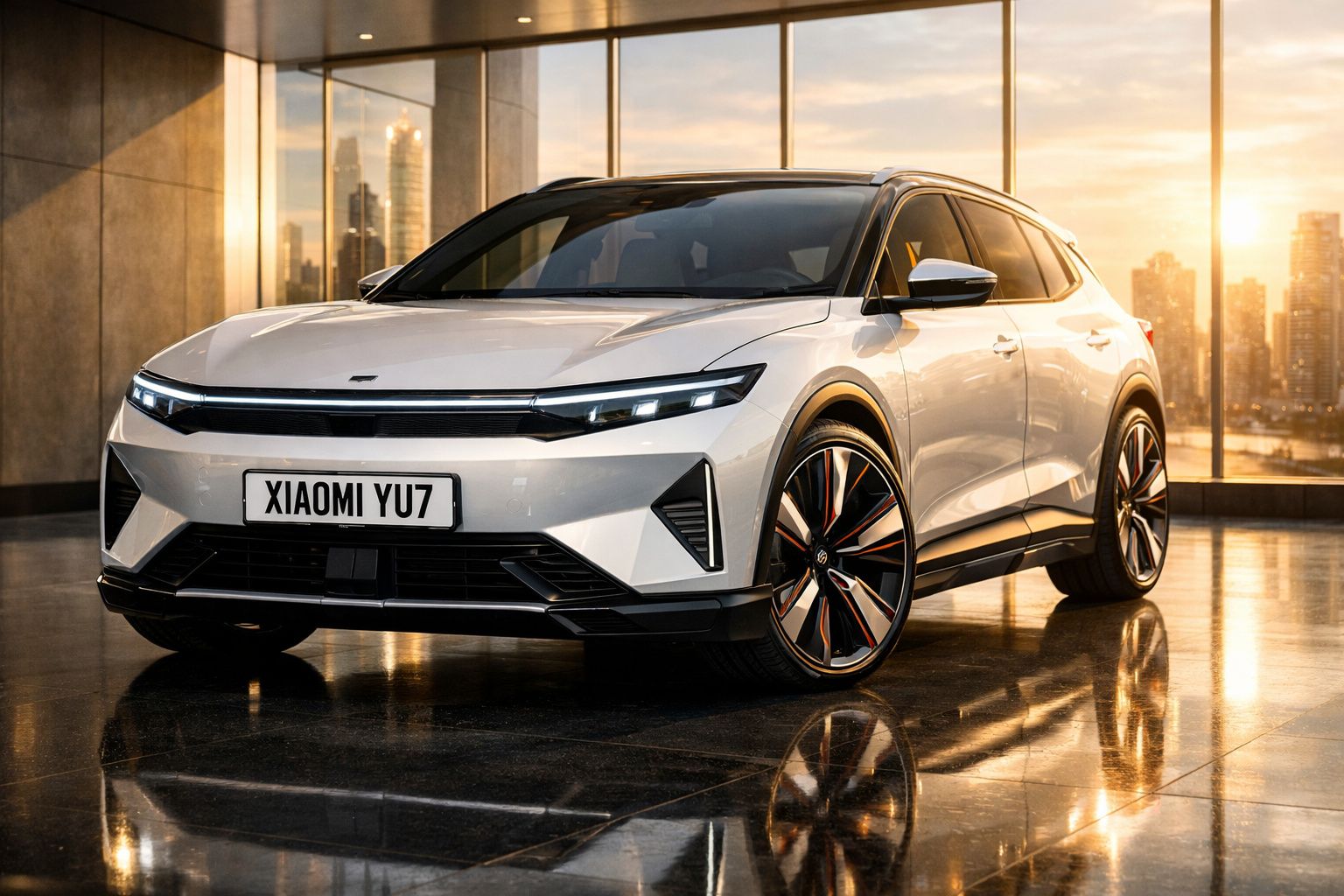 Carro elétrico branco Xiaomi YU7 estacionado em espaço interno com grandes janelas e cidade ao pôr do sol.