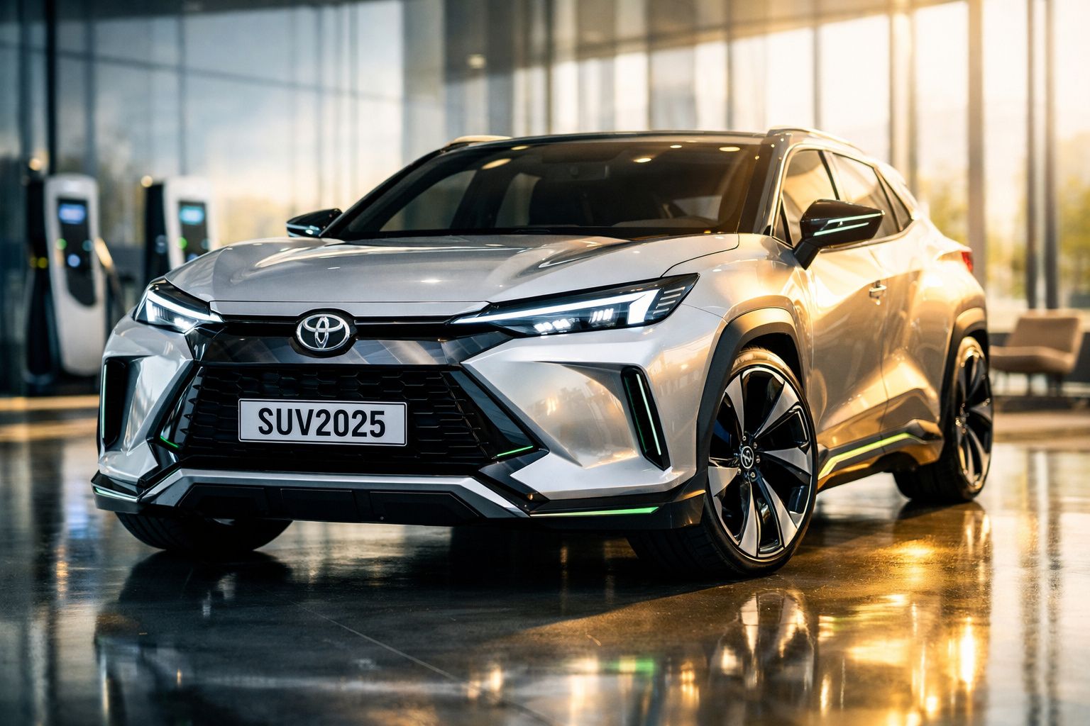SUV Toyota prata moderno estacionado dentro de um edifício com luz suave e carregadores elétricos ao fundo.