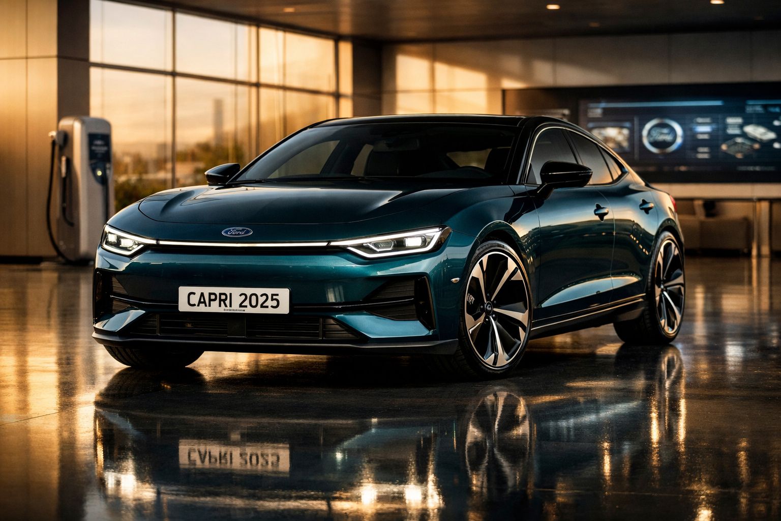Carro elétrico Ford Capri 2025 verde escuro estacionado em espaço interior moderno com pavimento refletor.
