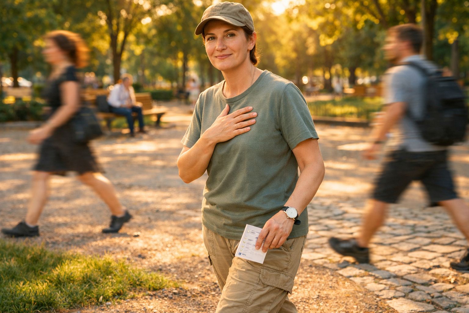 Mulher com expressão serena em parque, segurando documento e com mão no peito, ao pôr do sol.