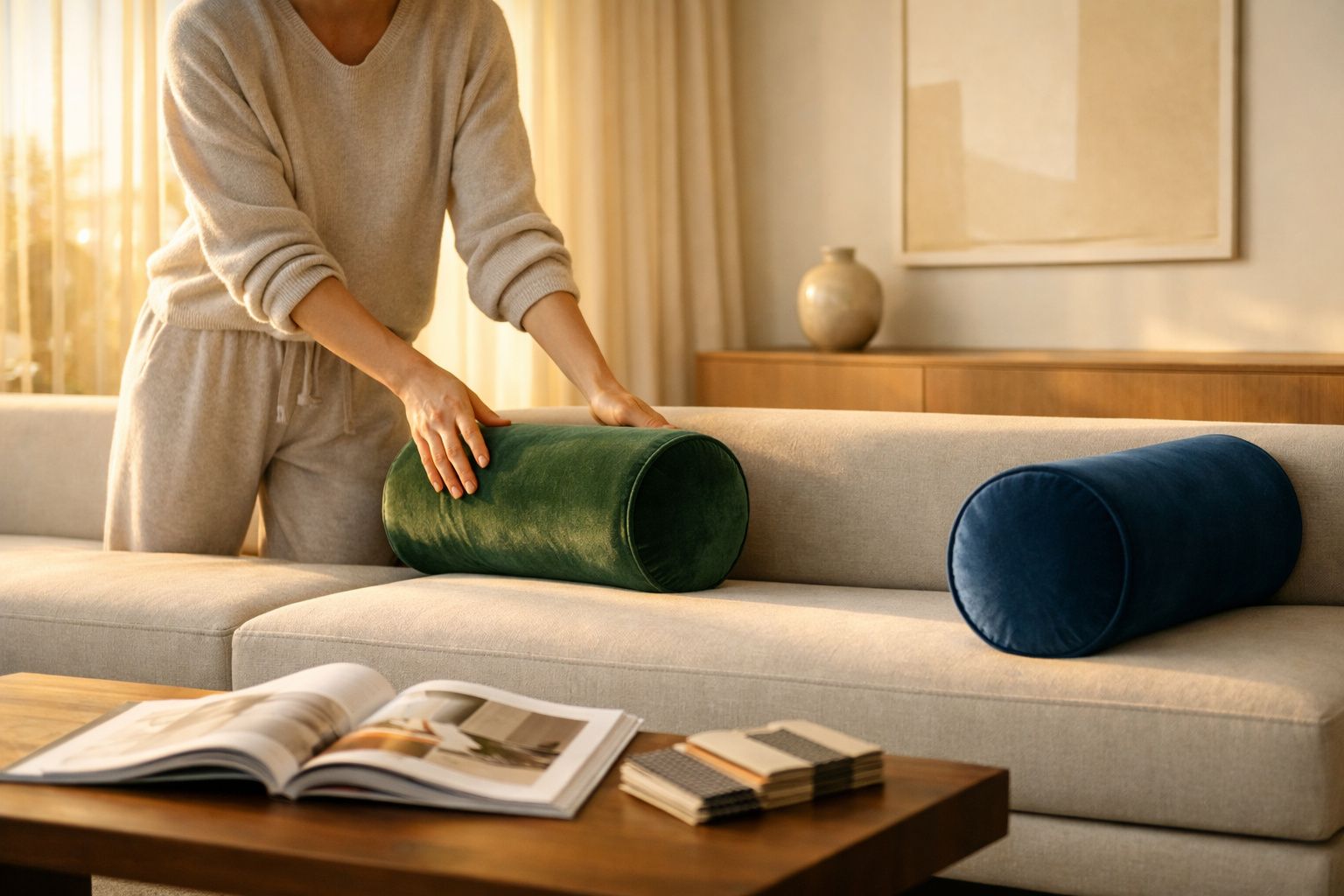 Pessoa a arrumar almofada cilíndrica verde num sofá bege numa sala de estar iluminada natural.