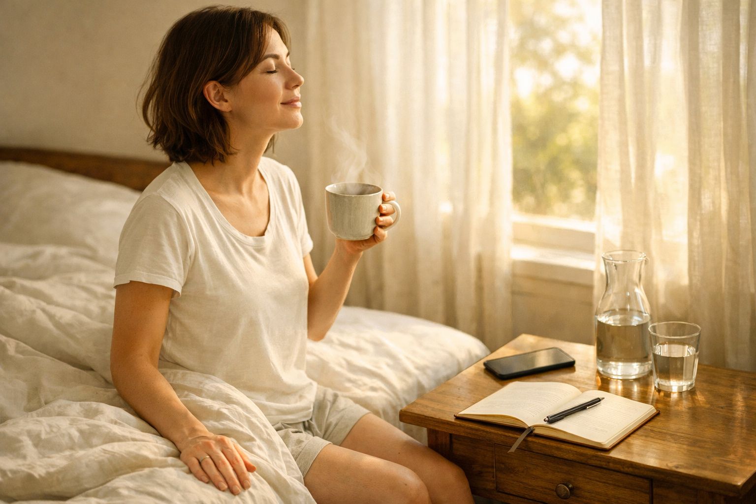 Mulher sentada na cama, a apreciar uma bebida quente, com caderno, telemóvel e jarra de água numa mesa ao lado.