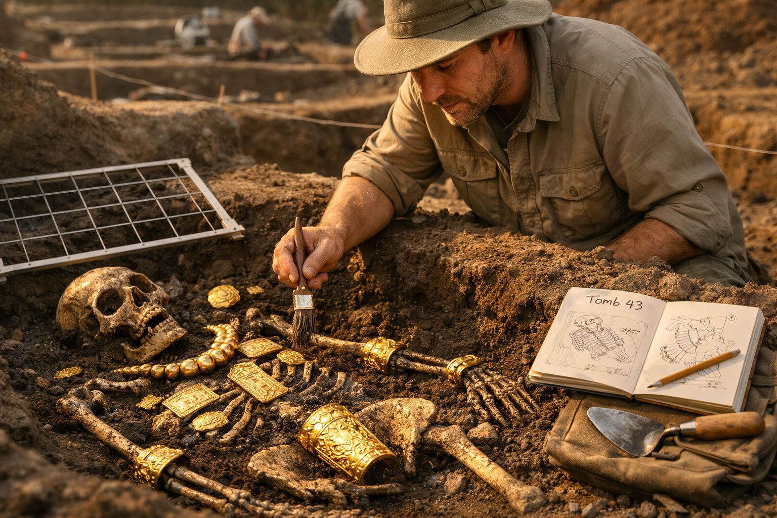 Arqueólogo escava esqueleto com joias douradas numa tumba, com caderno de desenhos e ferramentas ao lado.