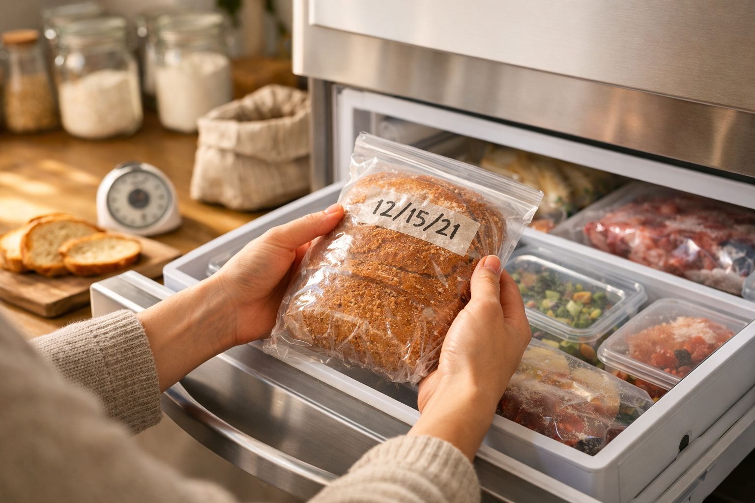 Mãos a colocar saco plástico com pão congelado datado numa gaveta de congelador cheia de alimentos embalados.