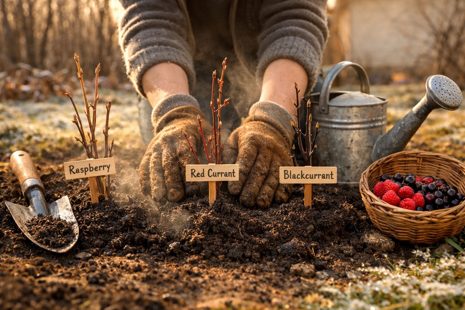 Pessoa a plantar rebentos de framboesa, groselha vermelha e groselha preta em terra com luvas e regador ao lado.