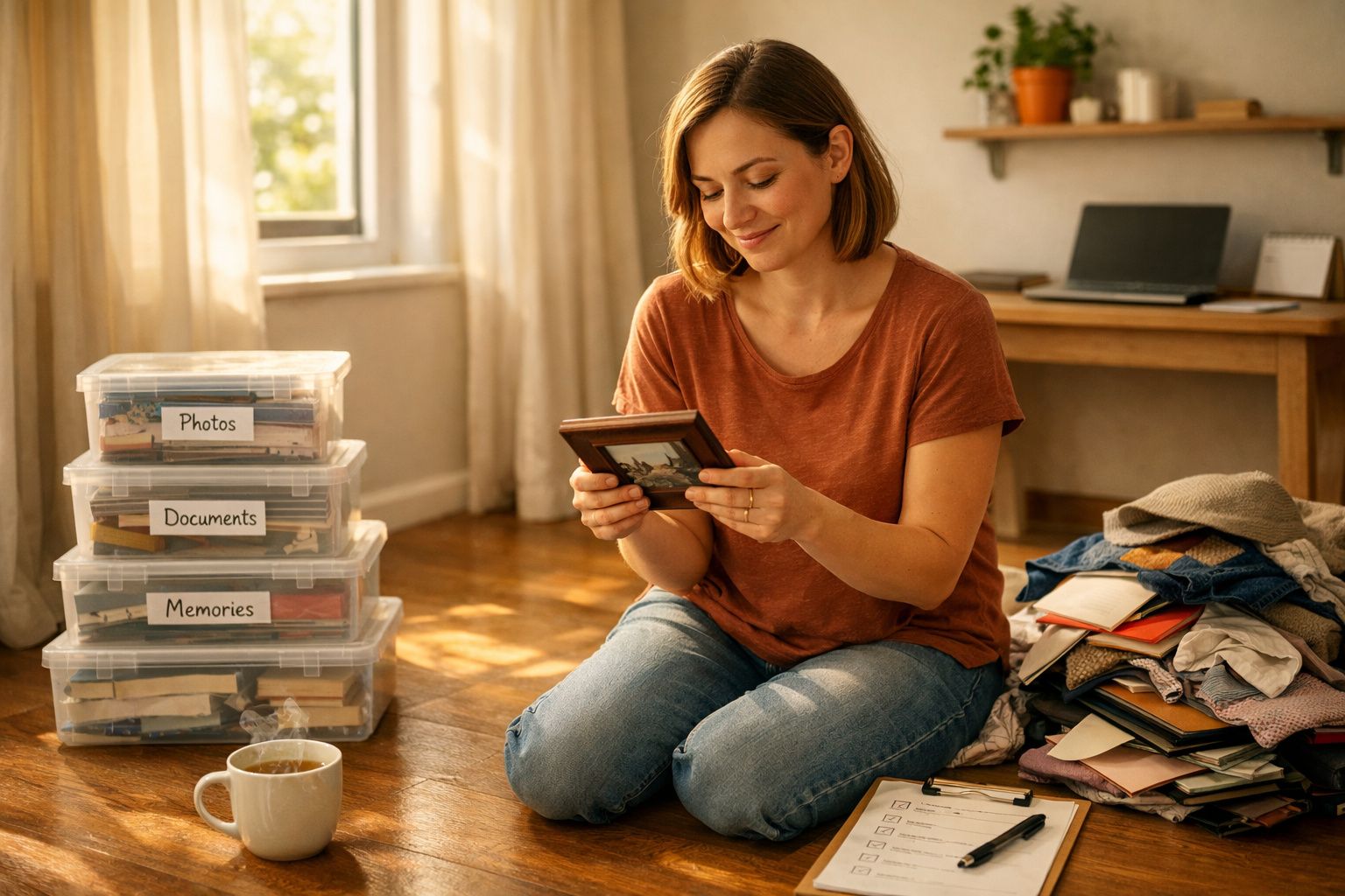 Mulher sorridente sentada no chão a olhar para uma fotografia, rodeada de caixas e roupa empilhada.