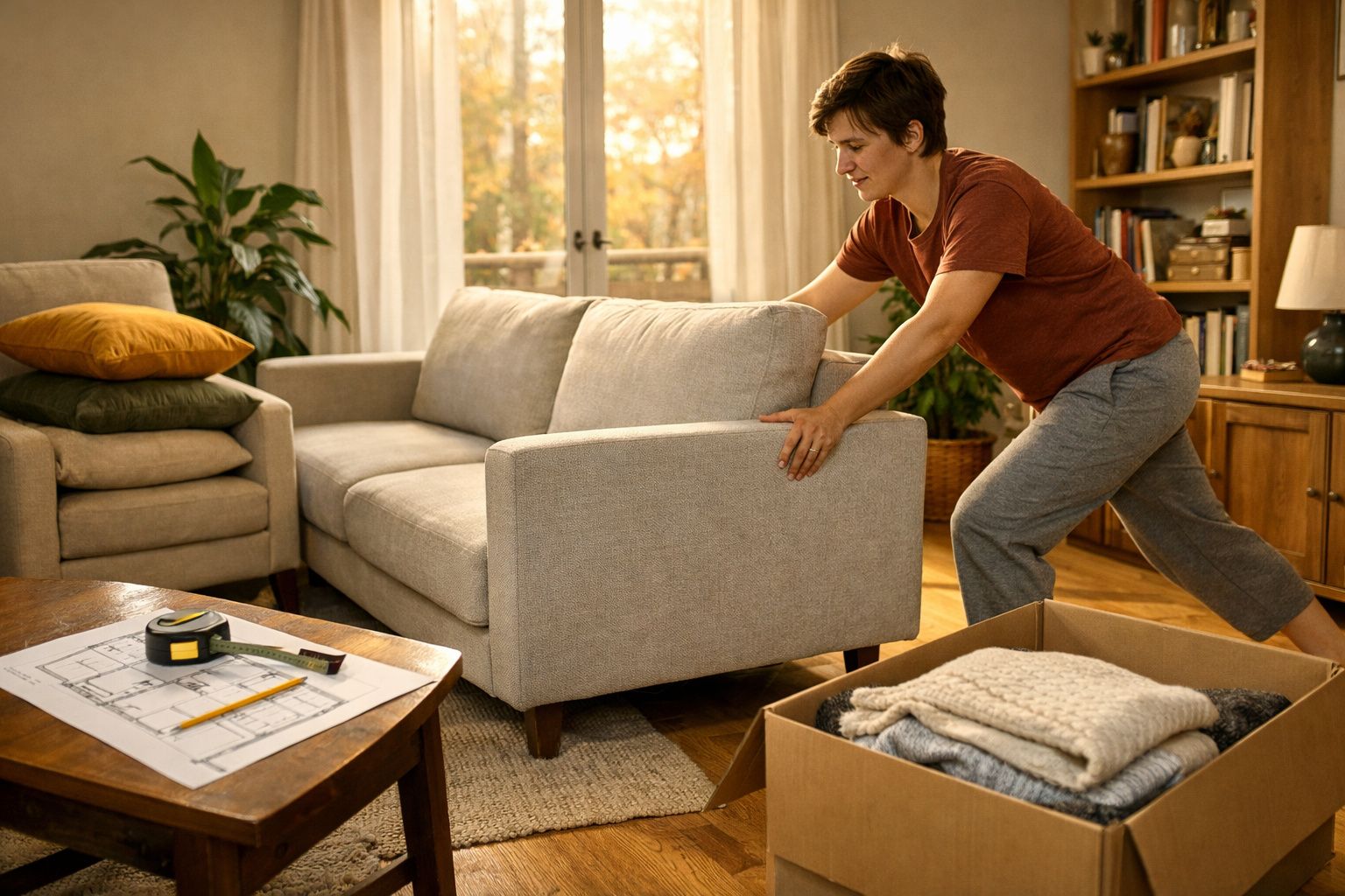 Pessoa a arrumar sofá numa sala com janela, caixa de roupas e planta ao fundo.