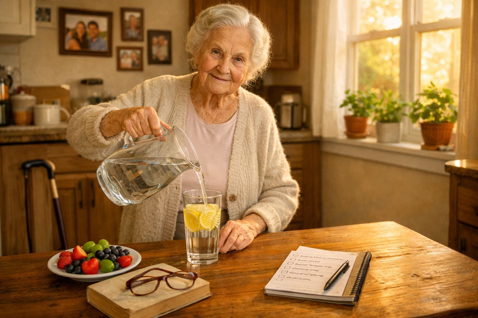 Idosa a verter água com limão num copo, em cozinha iluminada com jarro, frutas e lista de tarefas na mesa.