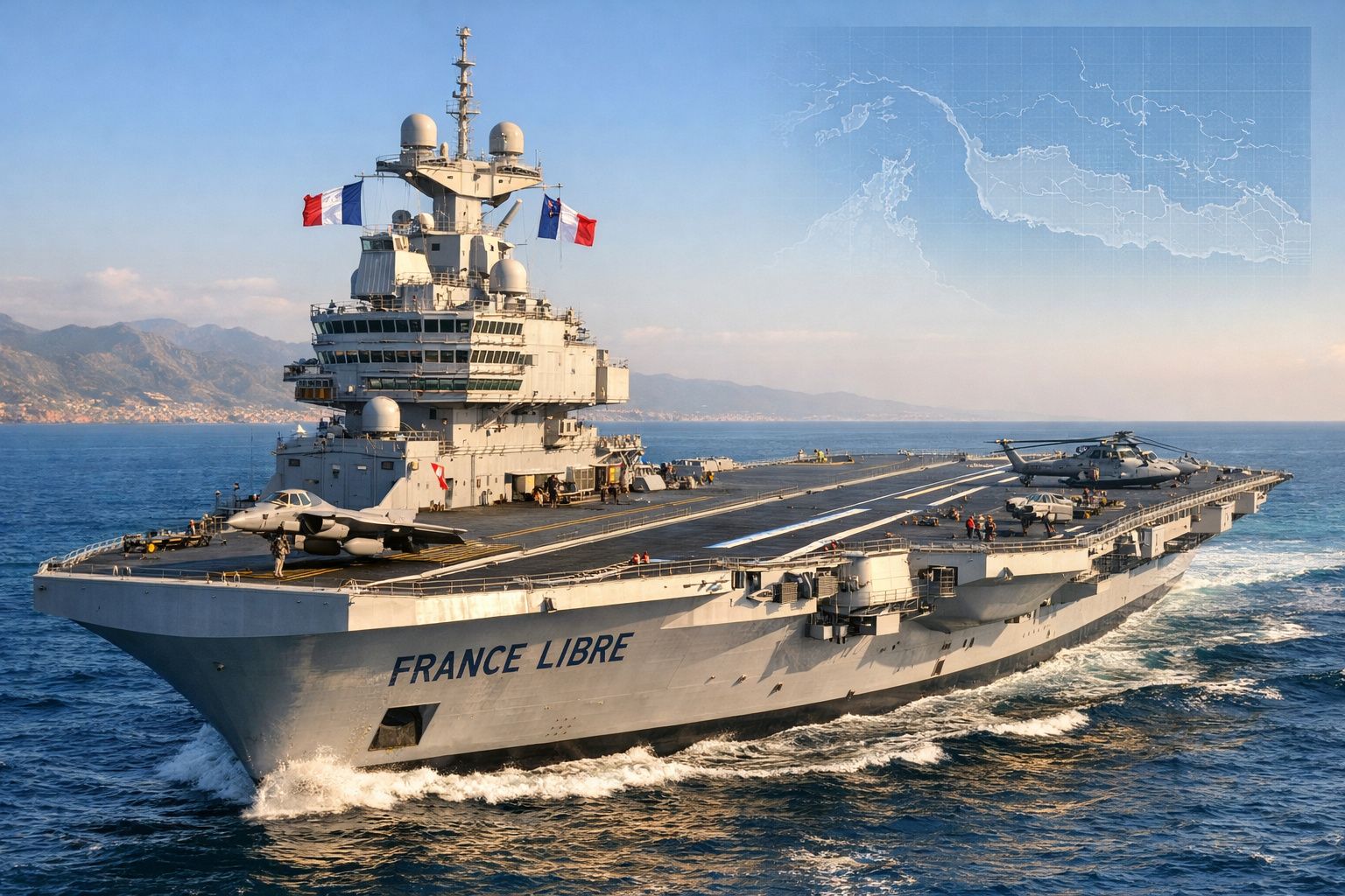 Porta-aviões francês France Libre em alto mar com aeronave e helicóptero a bordo e bandeiras tremulando.