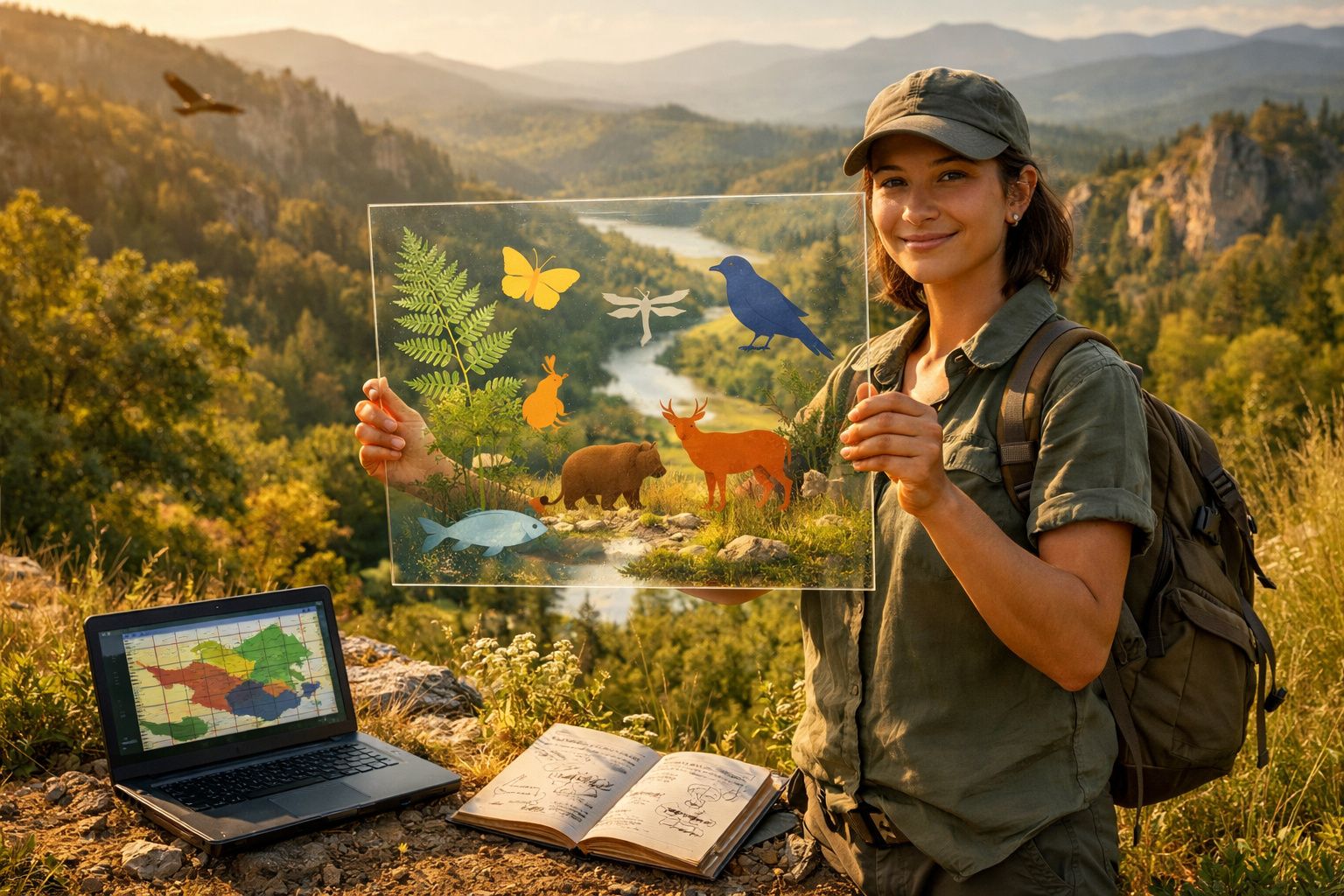 Mulher em ambiente natural segura painel transparente com imagens de animais enquanto estuda ao ar livre.
