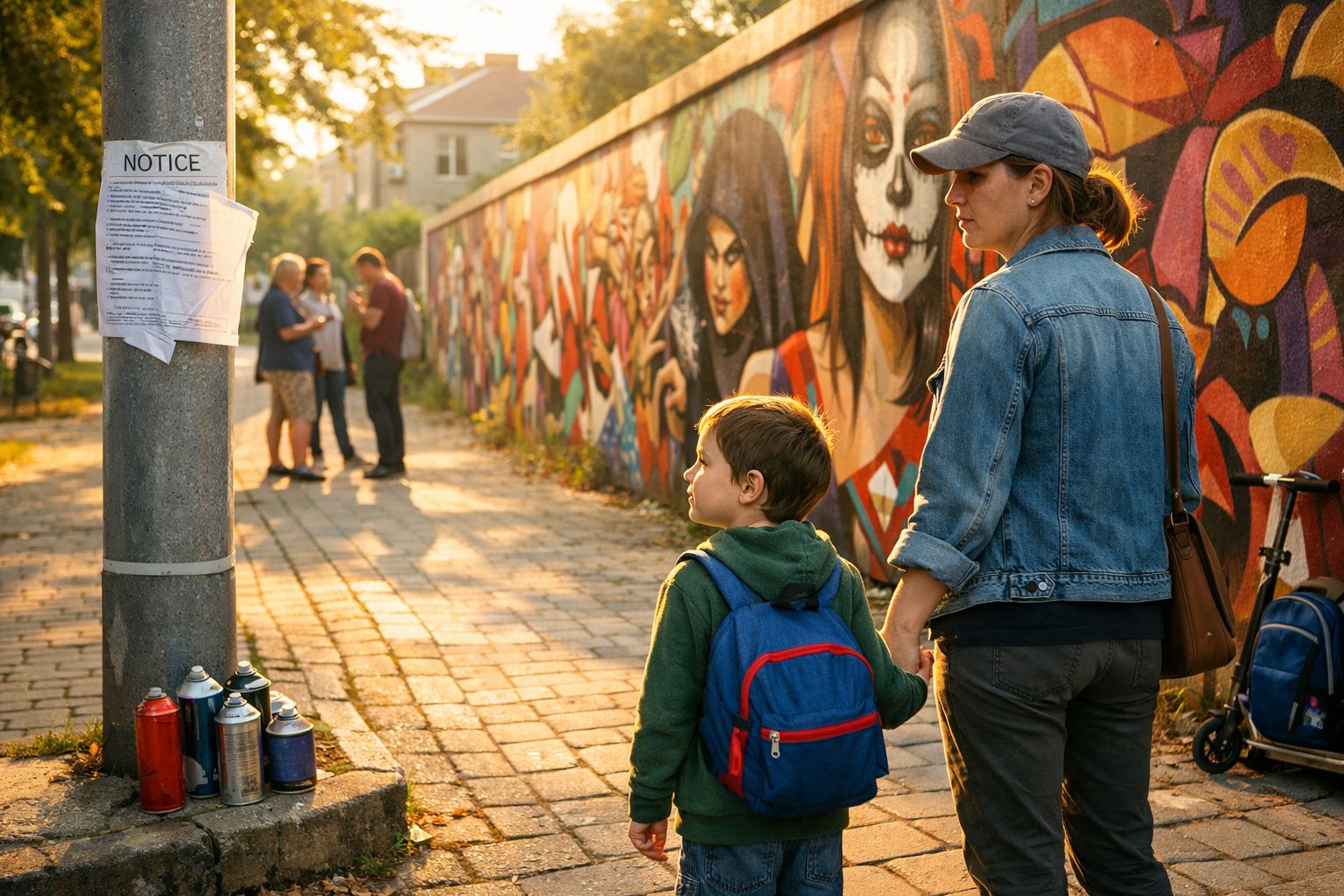 Mulher e menino junto a muro com grafitis coloridos ao entardecer numa rua com várias pessoas ao fundo.