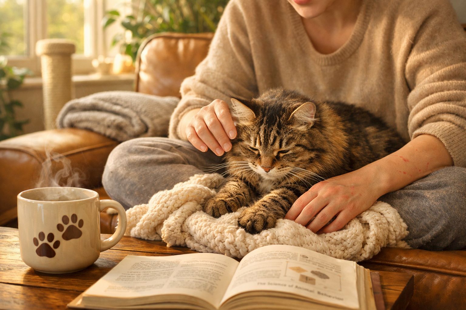 Pessoa a aconchegar um gato numa manta em sofá, com uma chávena de chá e livro aberto numa mesa em madeira.