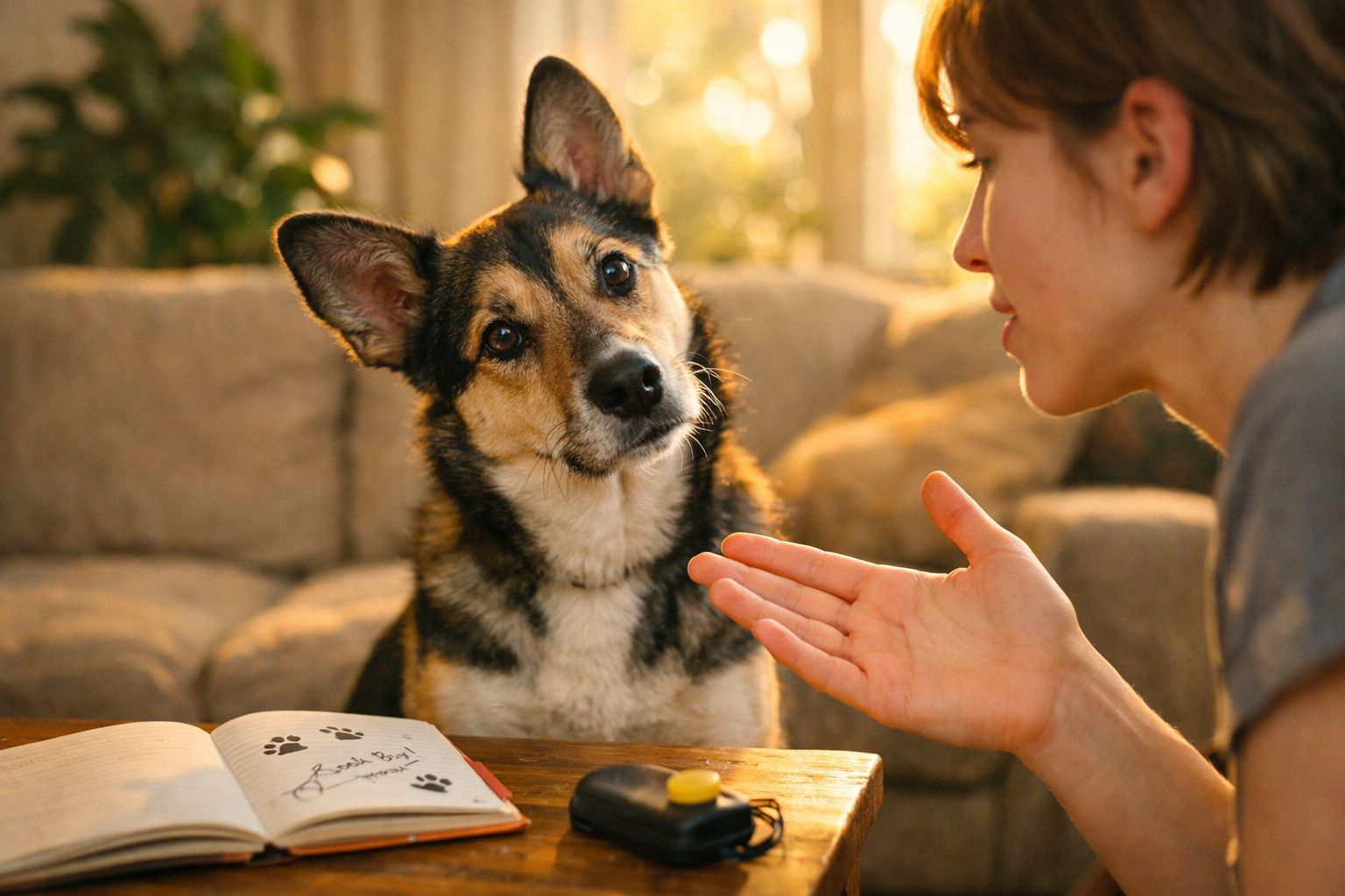 Mulher treina cão sentado à mesa com caderno aberto e clicker perto, ambiente acolhedor em casa.