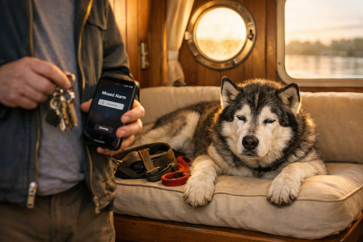 Cão grande deitado num sofá dentro de um barco, ao lado de homem a mostrar telemóvel com alarme perdido.