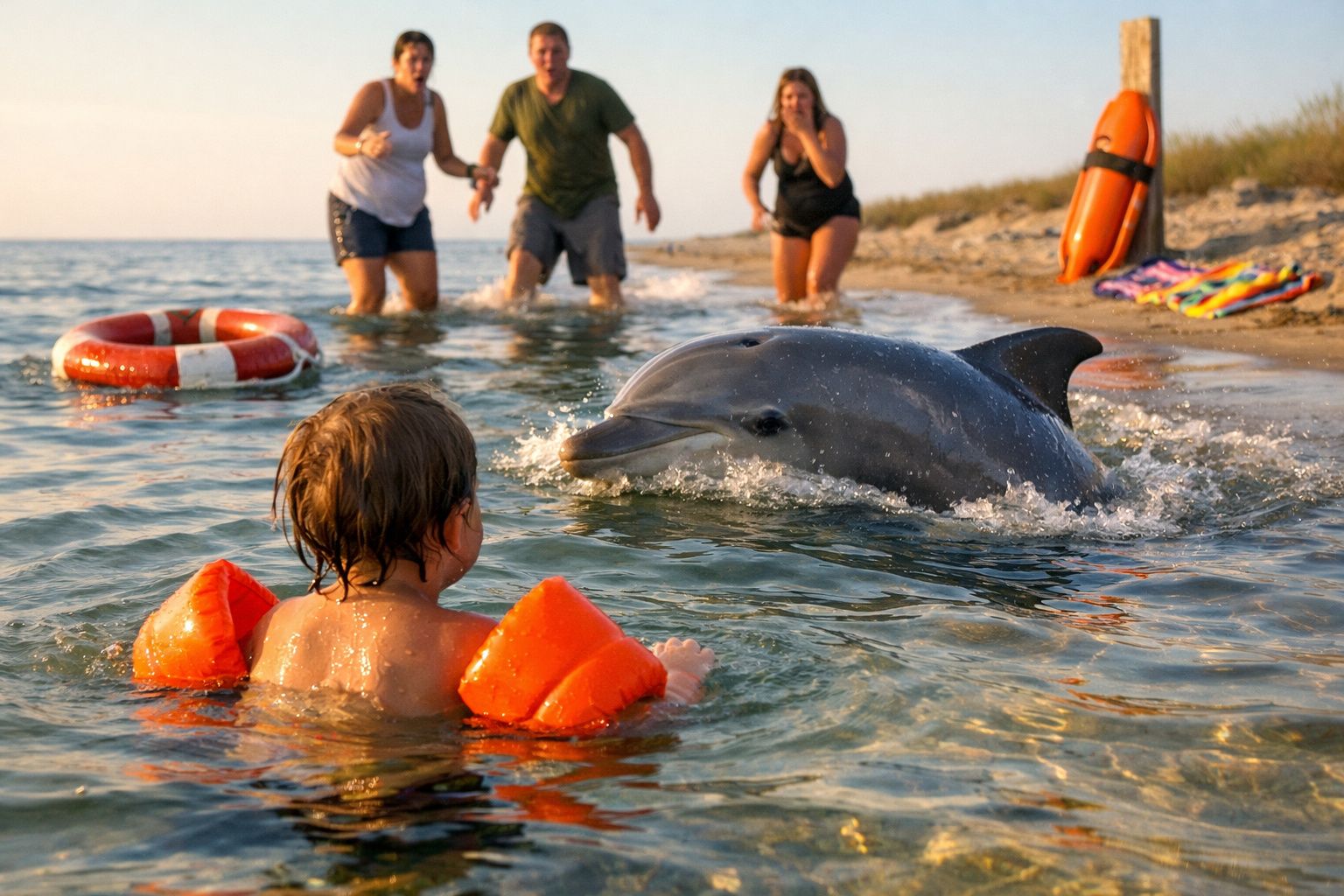Criança com braçadeiras laranja no mar a olhar para um golfinho perto de três adultos na praia.
