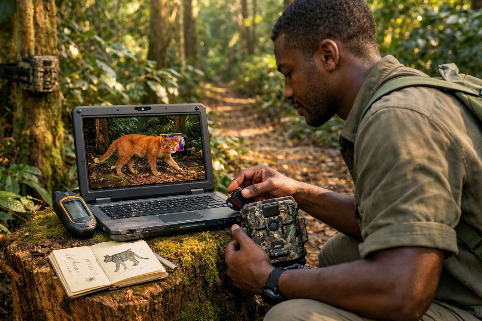 Homem analisa imagens de animal selvagem num computador portátil ao ar livre numa floresta.