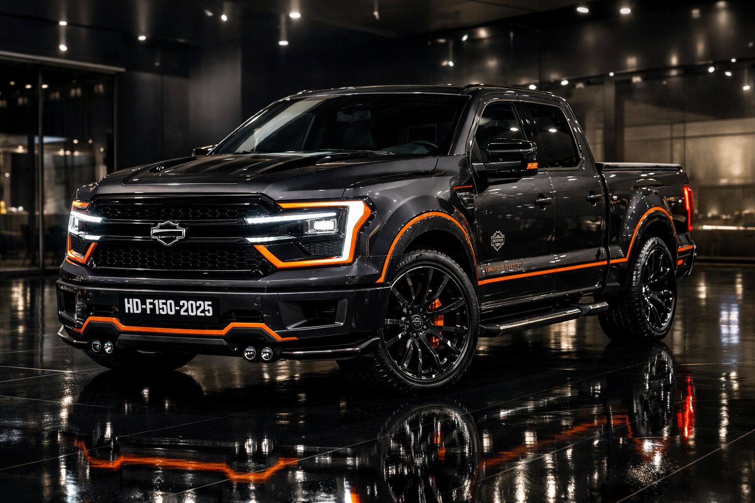 Picape preta com detalhes laranja, iluminação moderna, estacionamento interior espelhado e design robusto.