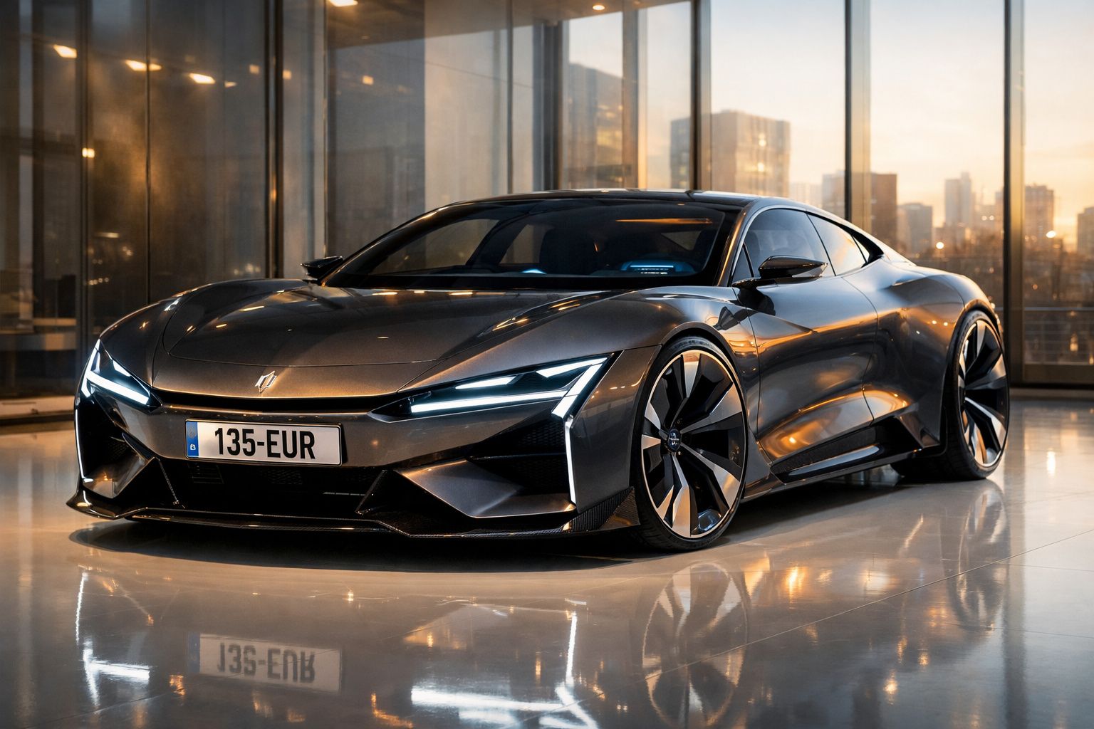 Carro desportivo elétrico cinzento com faróis LED e design futurista estacionado em espaço moderno com paredes de vidro.