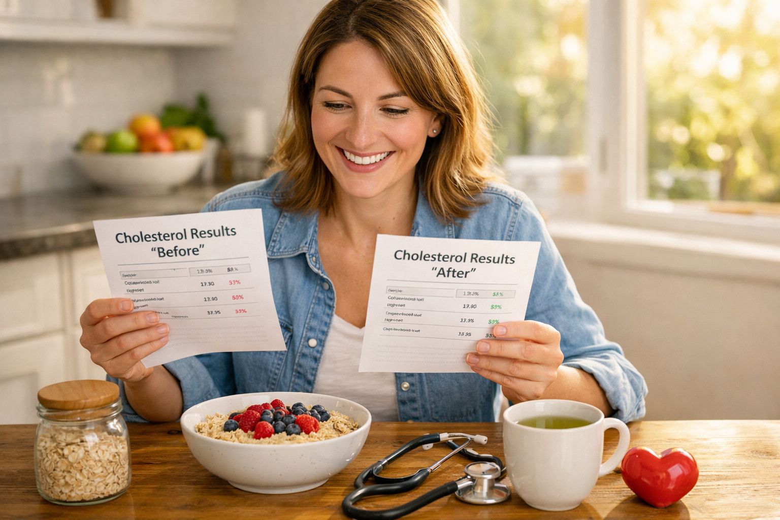 Mulher sorridente mostra resultados de colesterol antes e depois, com bowl de fruta e chá na mesa.