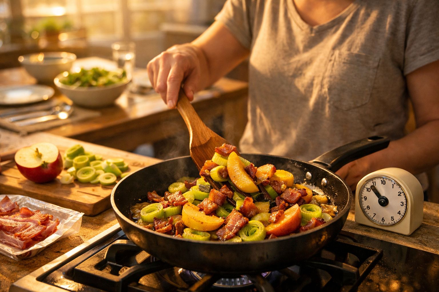 Pessoa a cozinhar carne, legumes e maçã numa frigideira na cozinha com timer ao lado.