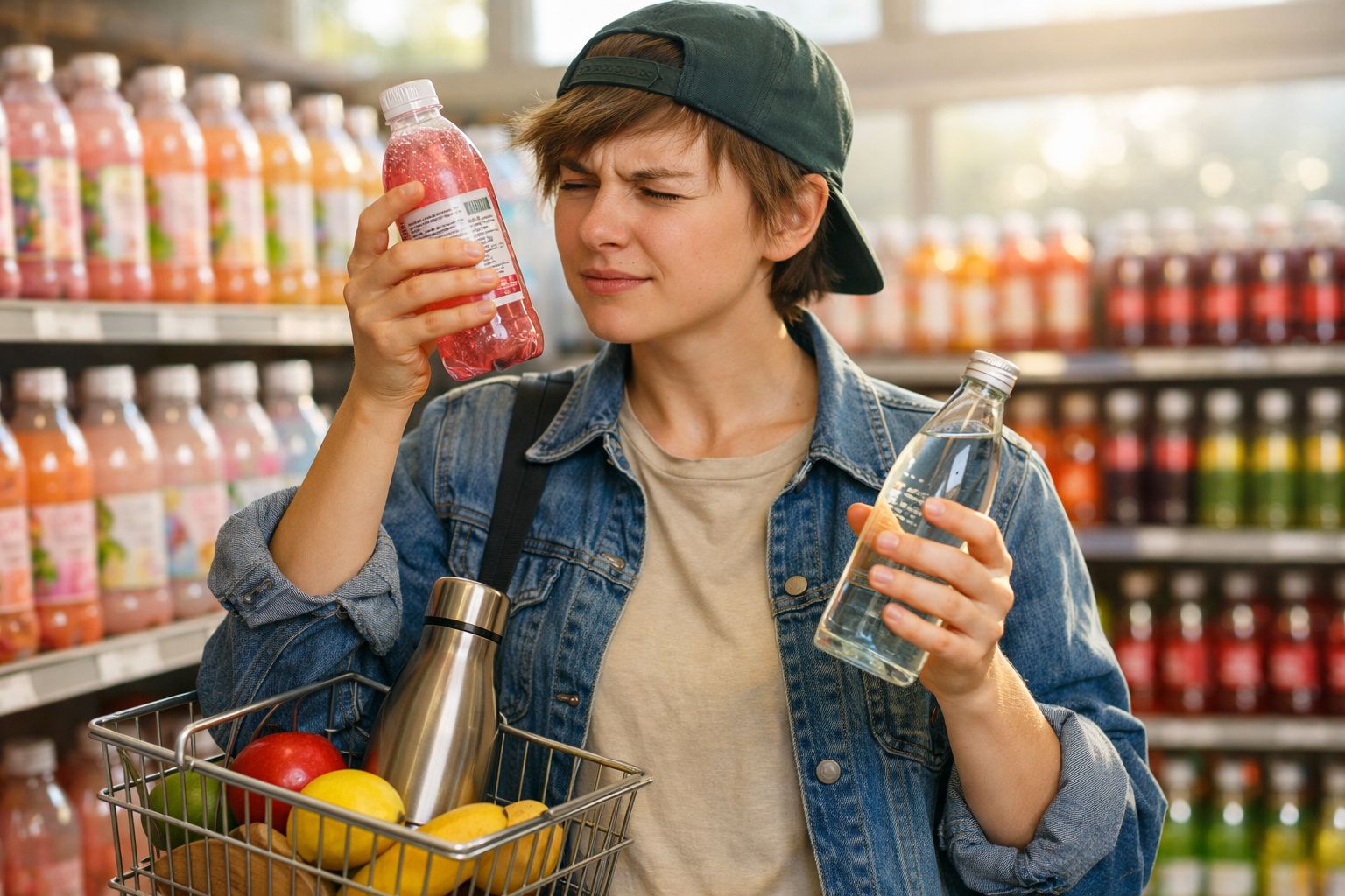 Pessoa com boné verifica rótulo de bebida numa garrafa, segurando outra garrafa transparente num supermercado.