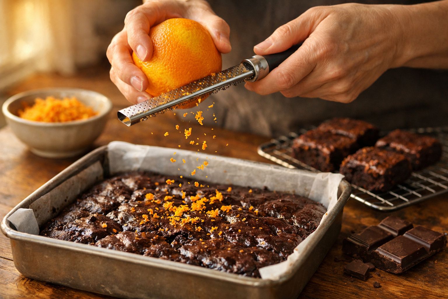 Mãos a ralar casca de laranja sobre brownie quente numa forma, com pedaços de chocolate e bolos ao fundo.