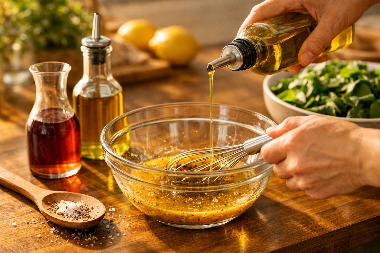 Mãos a preparar molho com óleo e temperos num recipiente de vidro sobre mesa de madeira com ingredientes à volta.