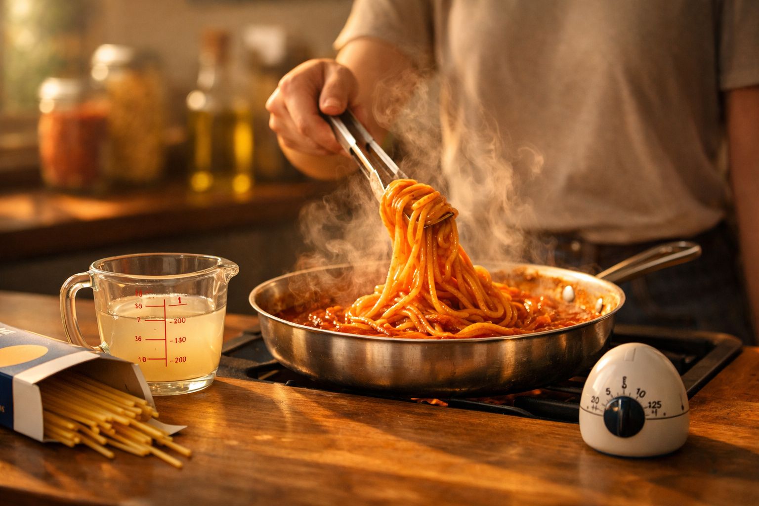 Pessoa a cozinhar esparguete com molho de tomate numa frigideira, com vapor a sair e ingredientes na bancada.