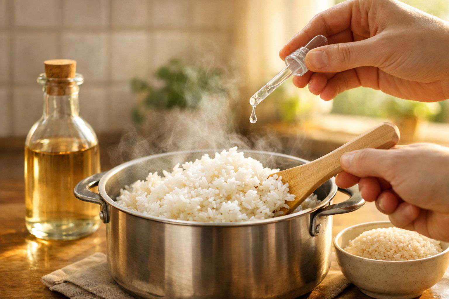 Mãos a temperar arroz branco fumegante numa panela com uma gota de líquido a cair de um conta-gotas.