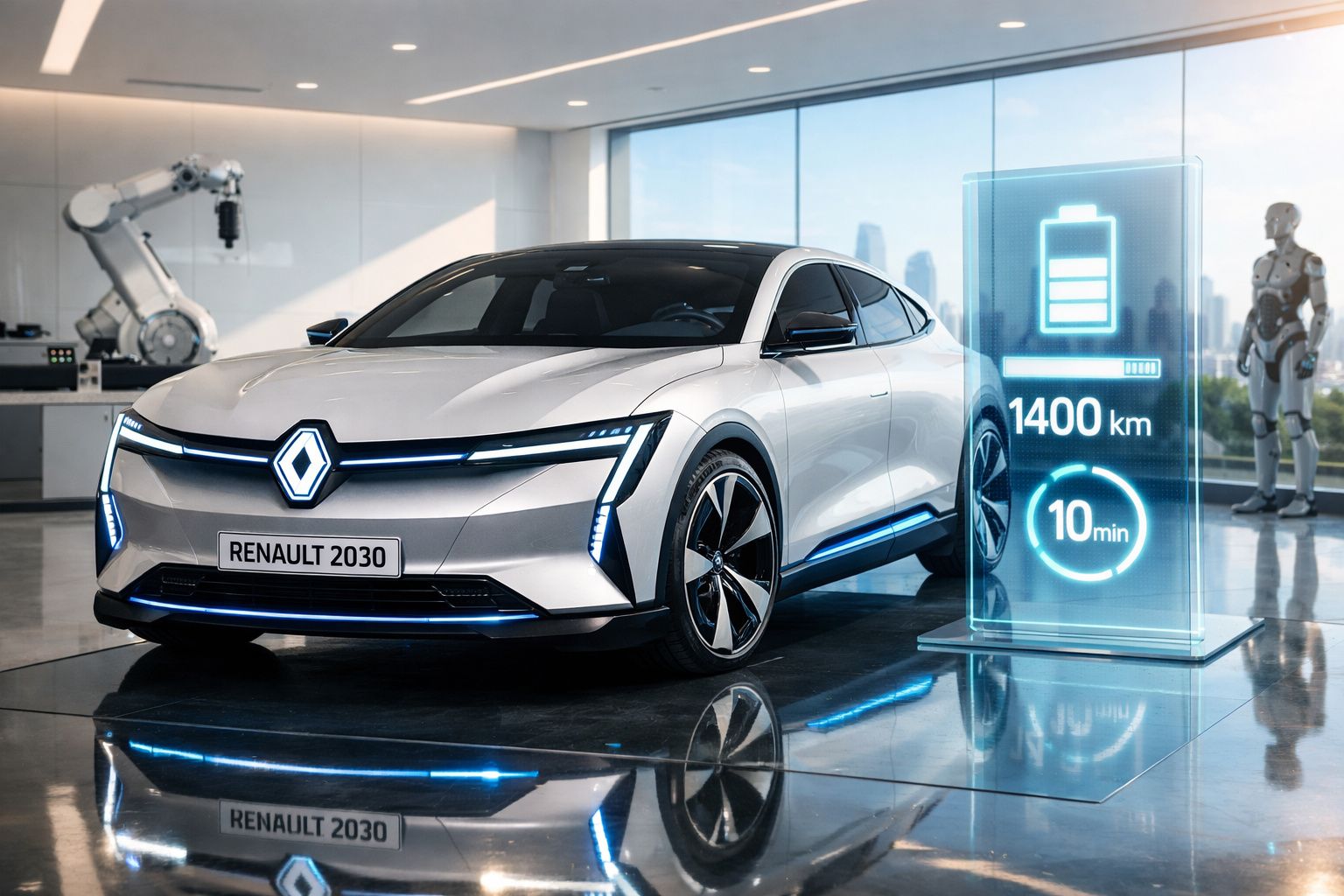 Carro elétrico Renault 2030 branco num showroom futurista com robot e ecrã digital a mostrar bateria e autonomia.