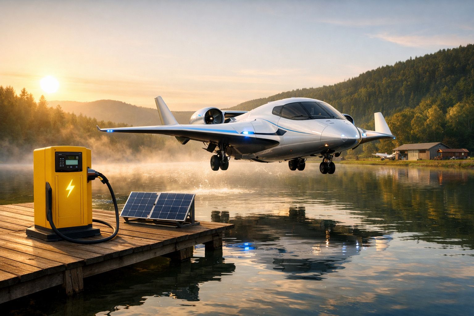 Avião elétrico silver a levantar voo no lago junto a posto de carregamento e painéis solares ao pôr do sol.