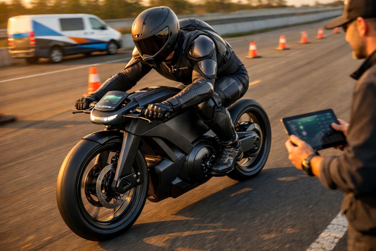 Motociclista em fato preto realiza teste de velocidade numa pista com cones, enquanto técnico observa com tablet.