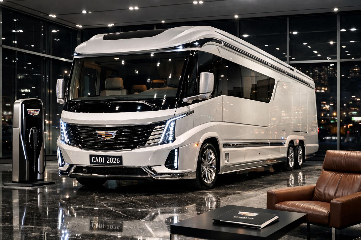 Autocaravana branca moderna com design luxuoso estacionada numa sala com piso em mármore e pilha de carregamento.