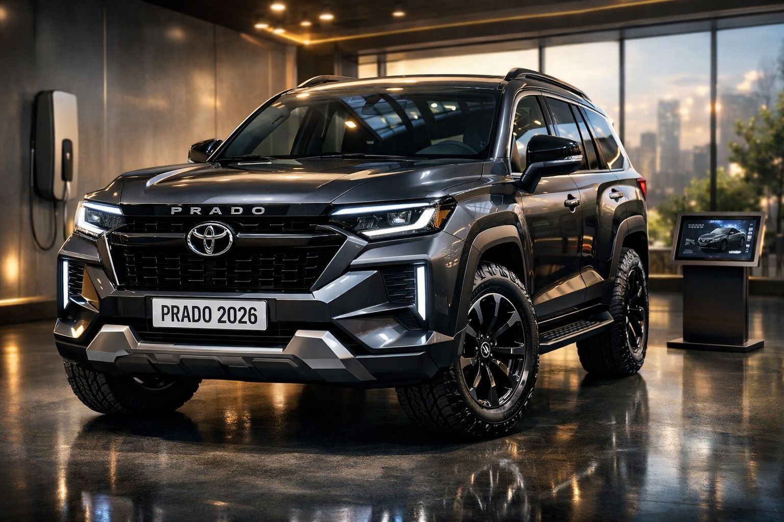 Toyota Prado 2026 cinzento escuro em ambiente interior com luz ambiente e monitor ao lado.