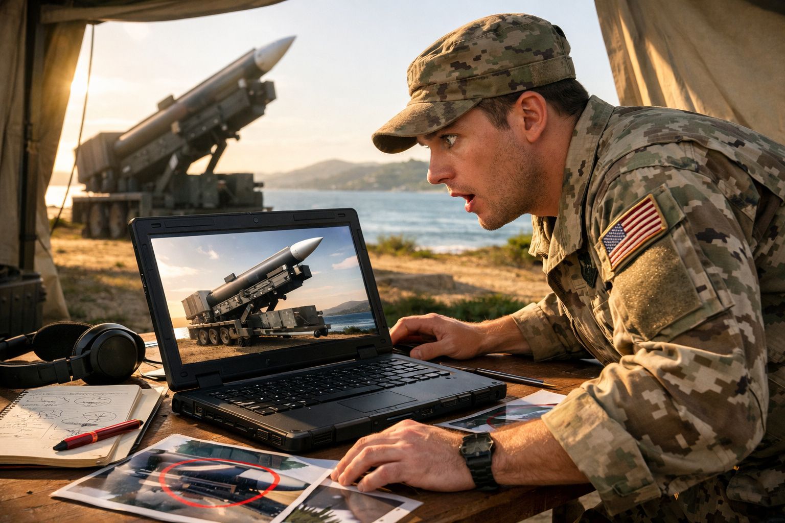 Militar com uniforme camuflado observa admirado imagem de míssil no ecrã de um portátil junto a equipamento militar.