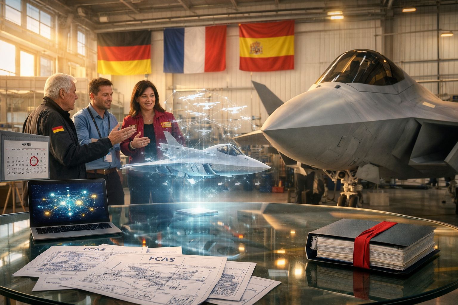 Engenheiros militares discutem modelo 3D holográfico de avião de caça numa oficina com bandeiras da Alemanha, França e Espanh