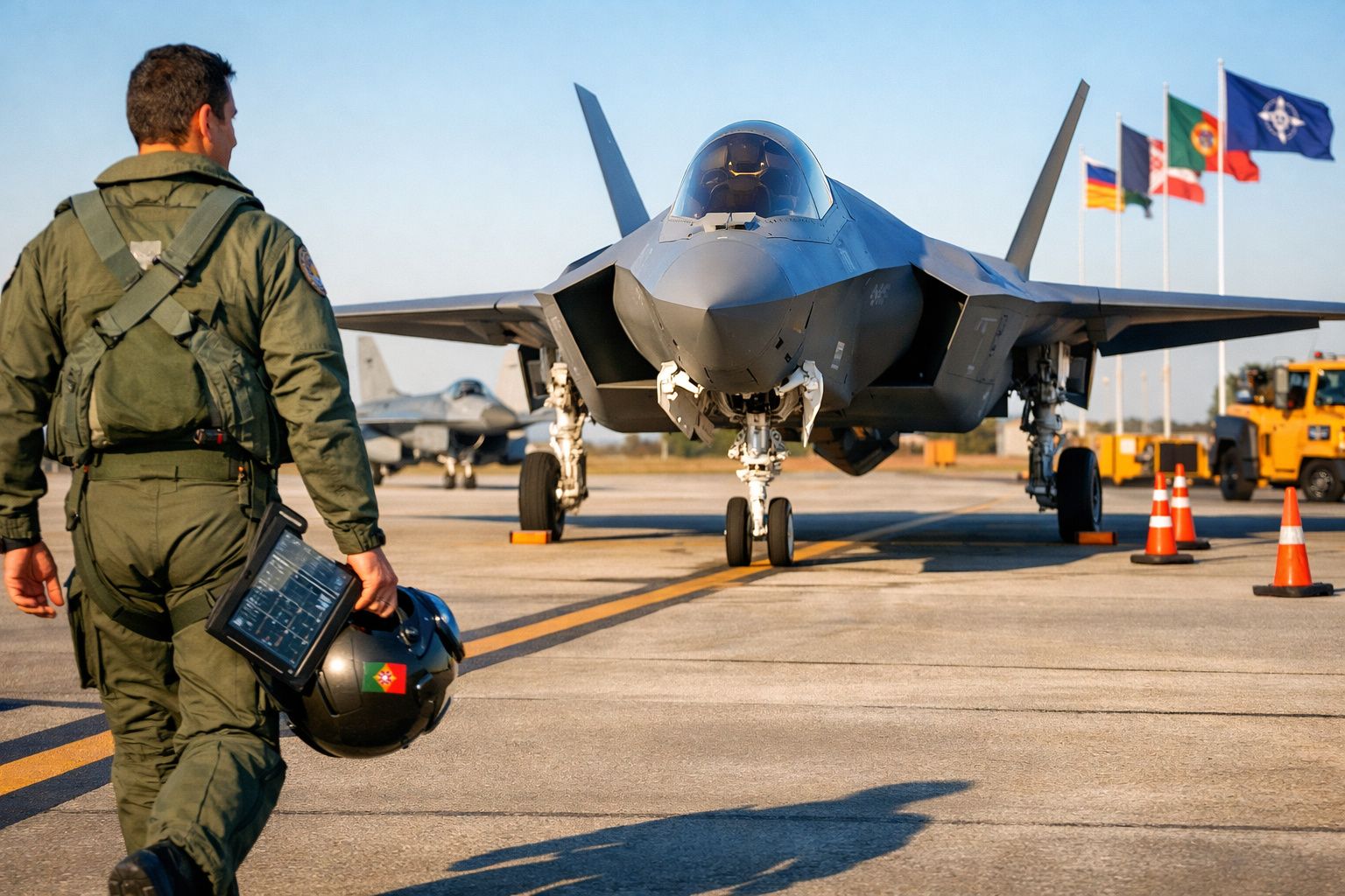 Piloto militar com fato verde e capacete com bandeira de Portugal caminha em direção a avião de combate F-35 num aeroporto.