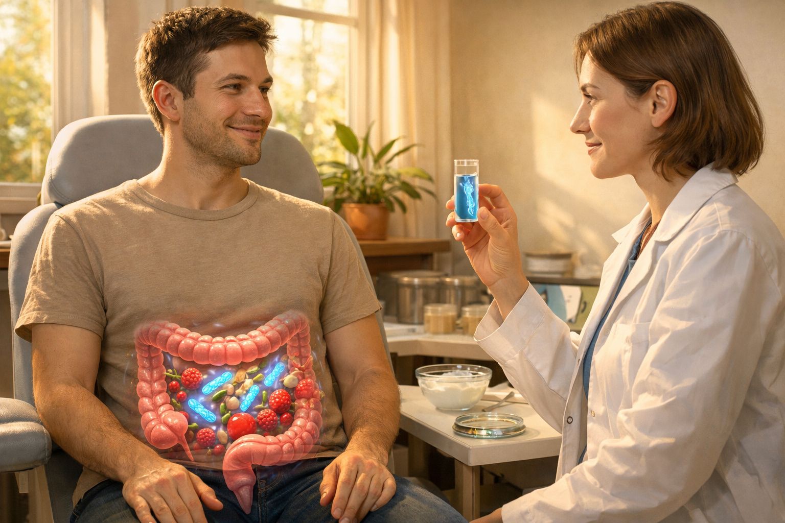 Homem sentado consulta médica, médica mostra frasco com probióticos para saúde intestinal.
