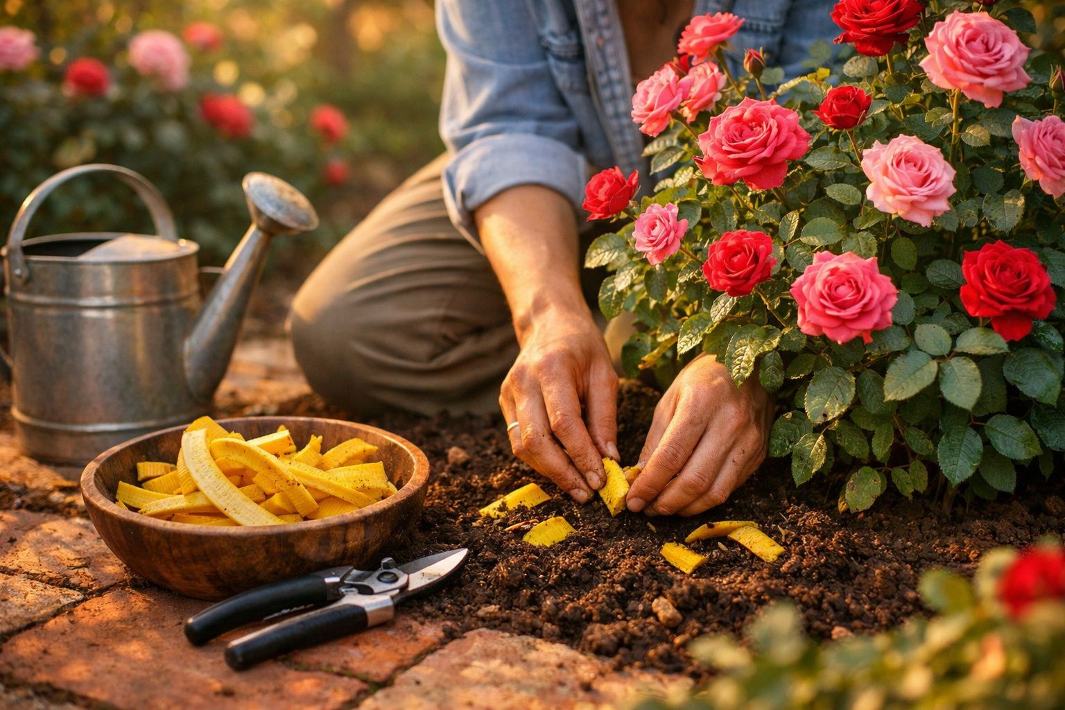 Pessoa a plantar cascas de banana na terra junto a roseira com flores rosas e vermelhas no jardim.