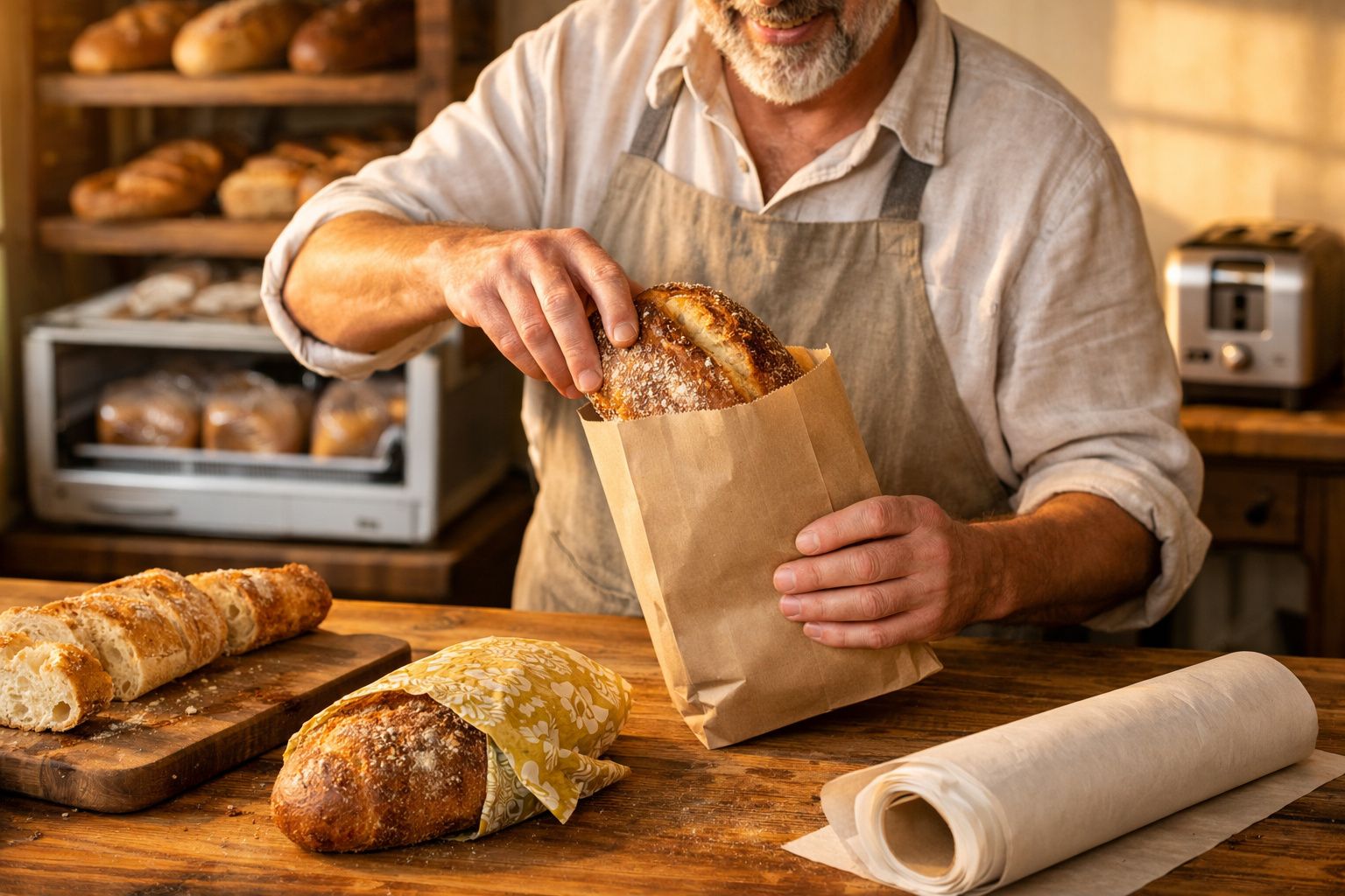 Homem a colocar pão recém-assado numa saco de papel numa páteoira rústica de padaria.