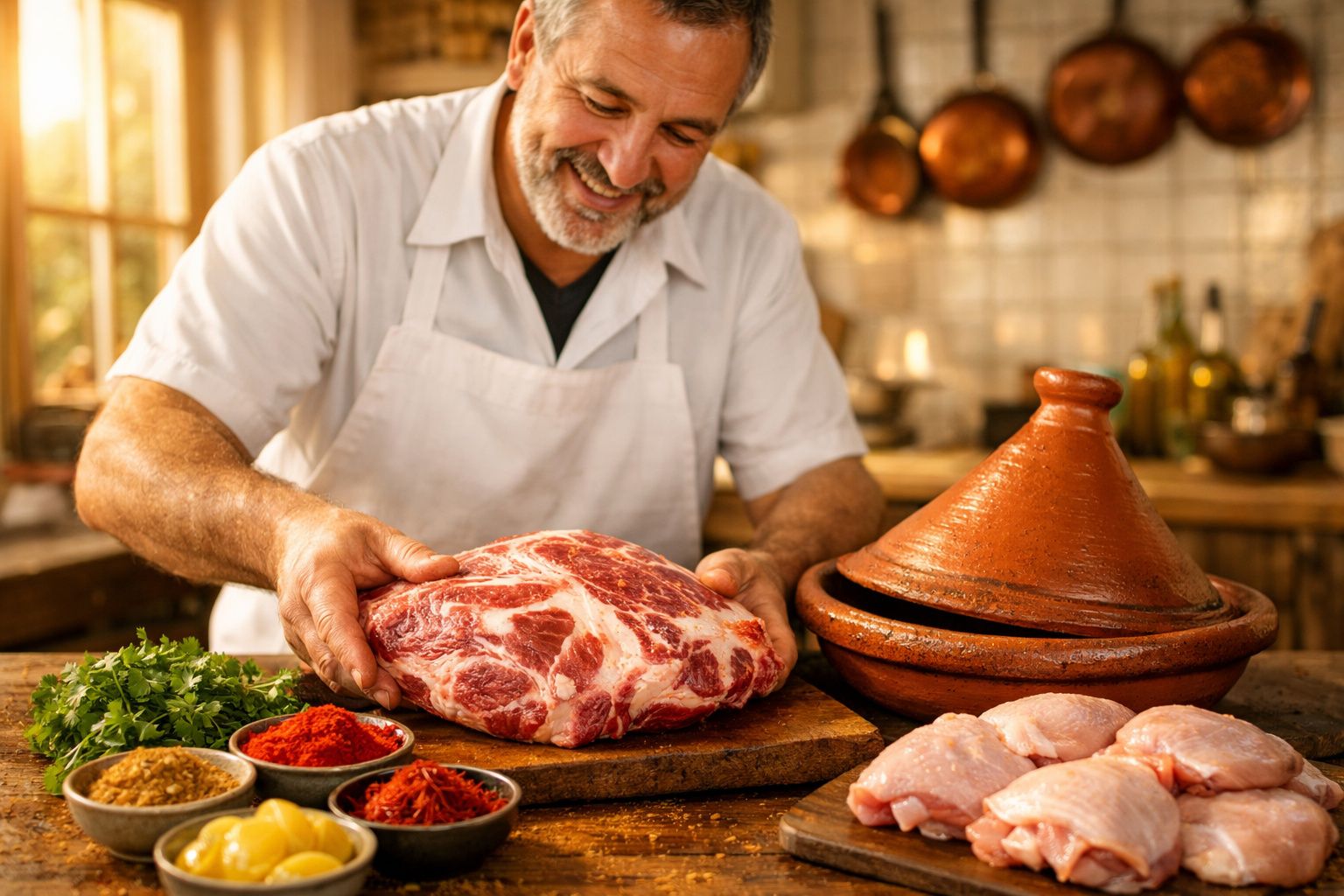 Homem sorridente com avental prepara carne crua para cozinhar em cozinha rústica com especiarias e tagine.