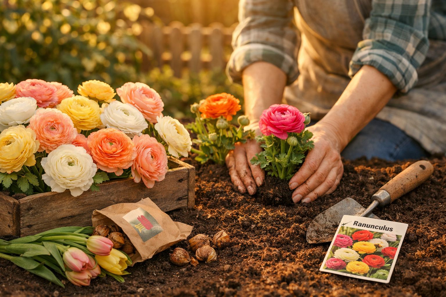 Pessoa a plantar flores Ranunculus coloridas em terreno de jardim, com sementes e ferramenta ao lado.