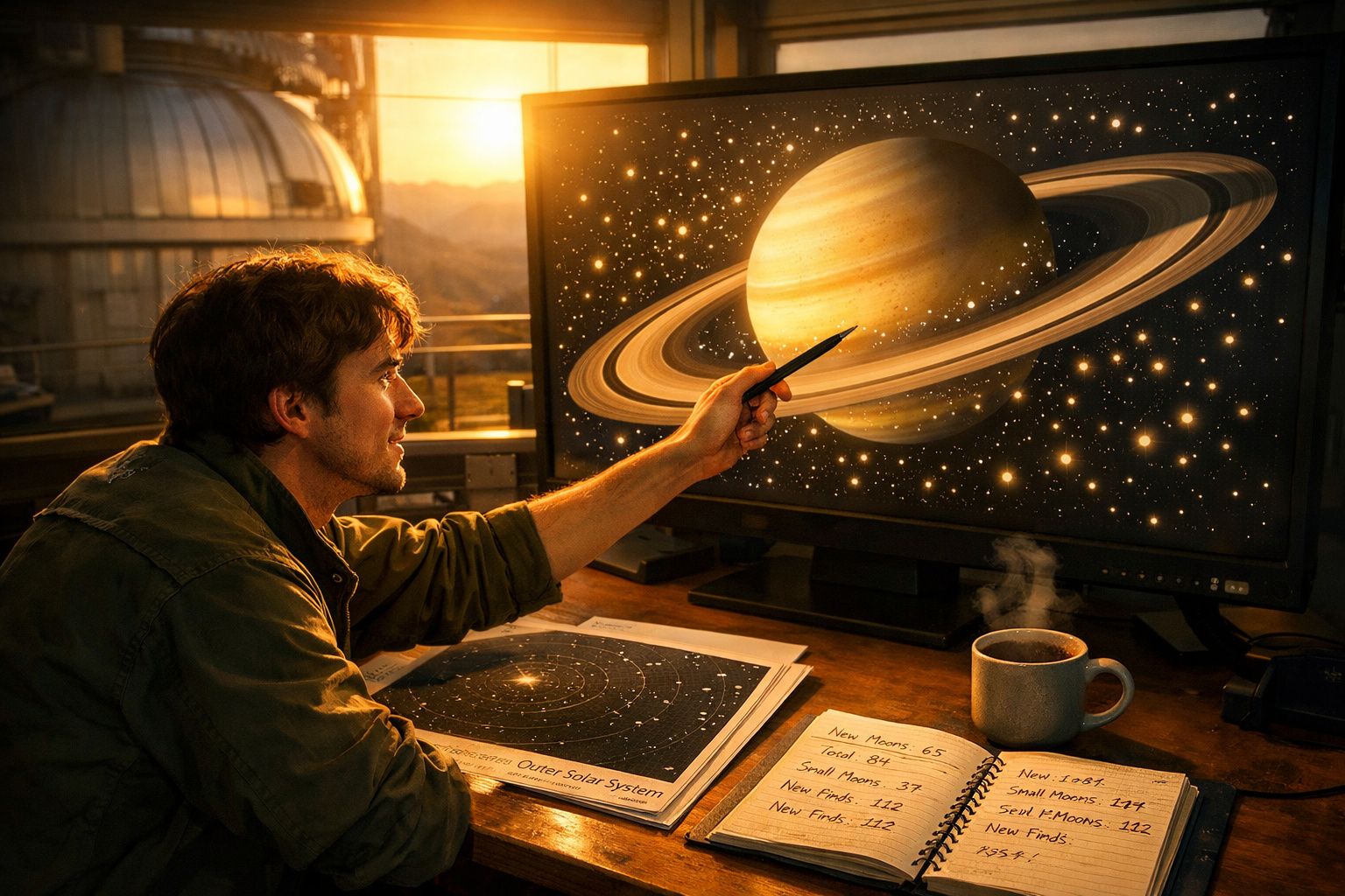 Homem a apontar para a imagem de Saturno num ecrã, com livros e caderno sobre sistema solar à sua frente.
