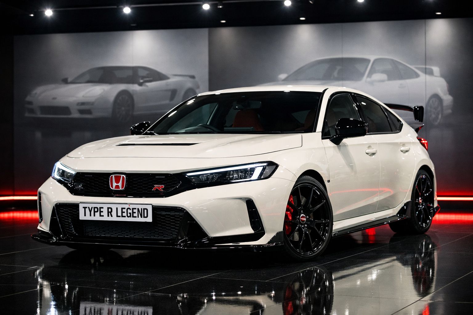 Honda Civic Type R branco com detalhes pretos, em exposição em piso refletor com fundo escuro.
