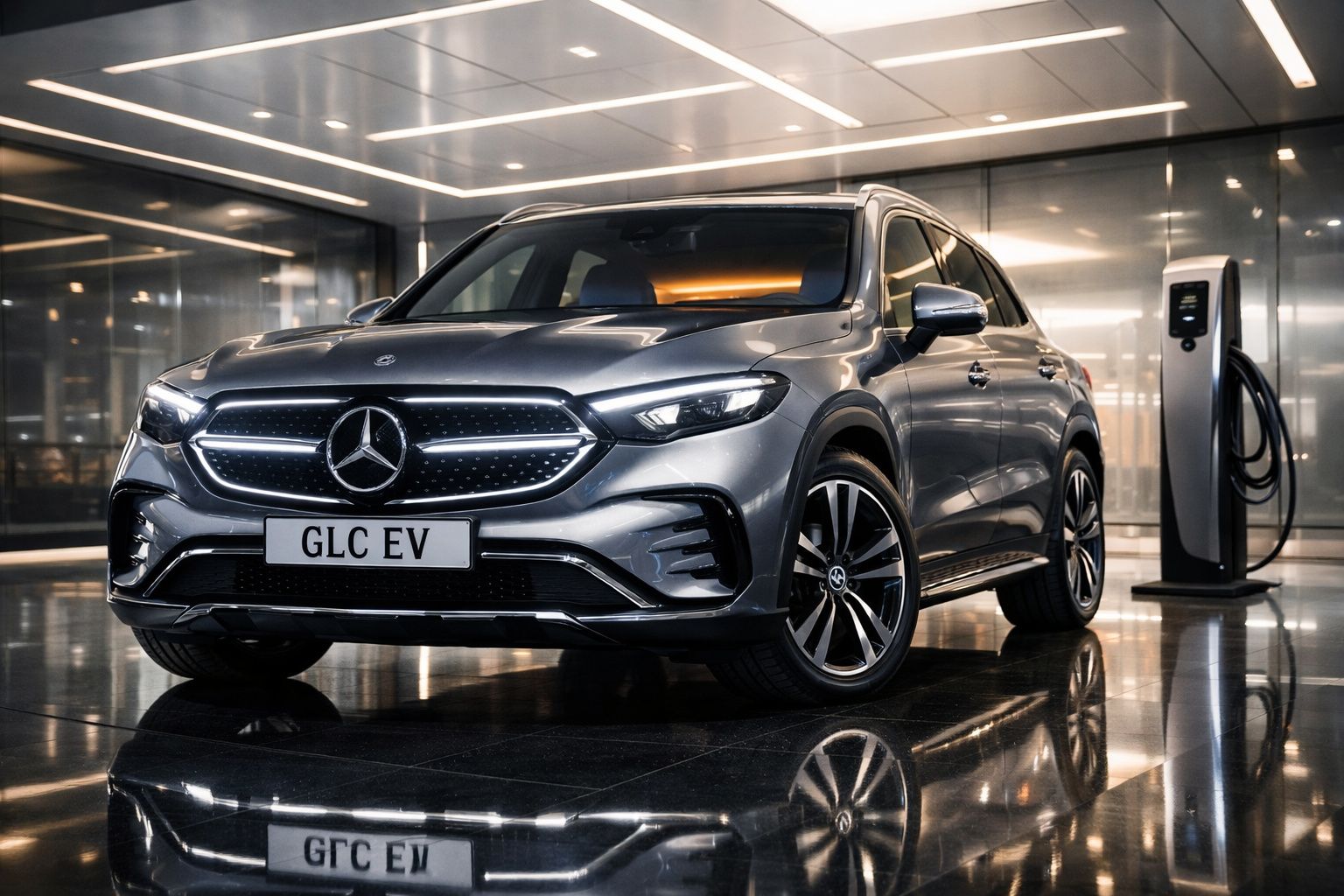 Carro elétrico Mercedes-Benz GLC EV cinza carregando numa estação de carregamento moderna.
