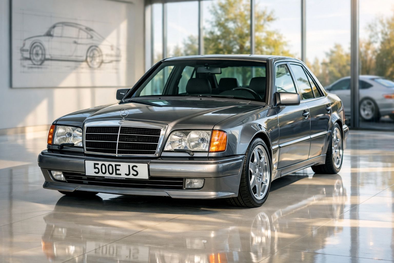 Automóvel Mercedes-Benz cinzento estacionado em piso brilhante num espaço interior com janelas grandes.