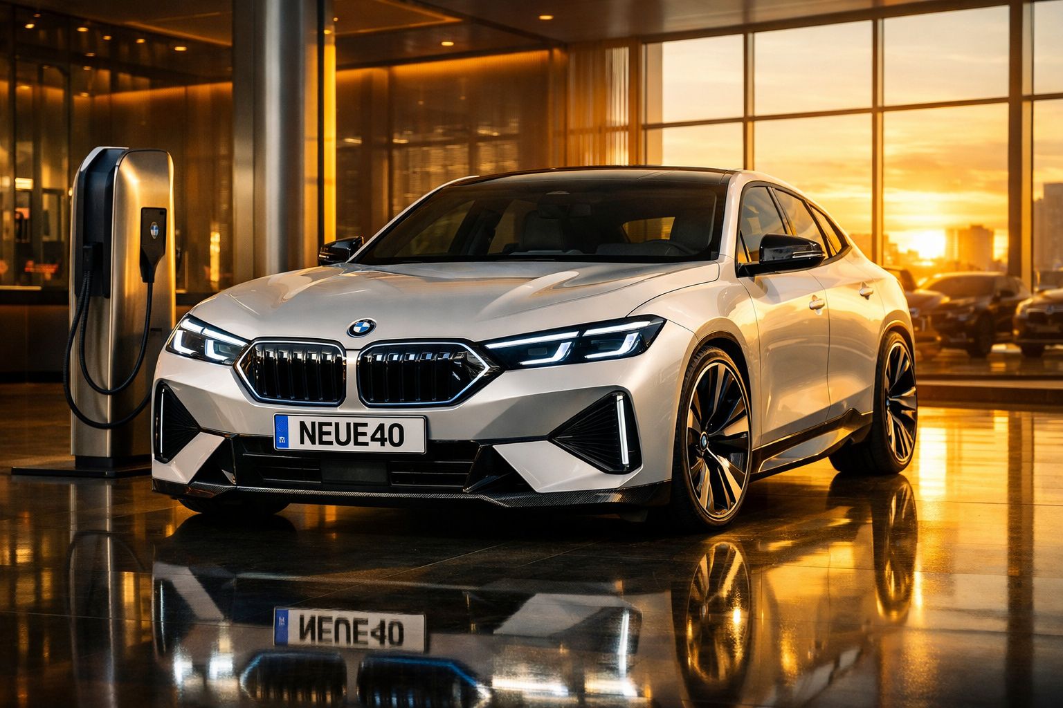 Carro elétrico BMW branco estacionado junto a posto de carregamento num ambiente interior iluminado ao pôr do sol.