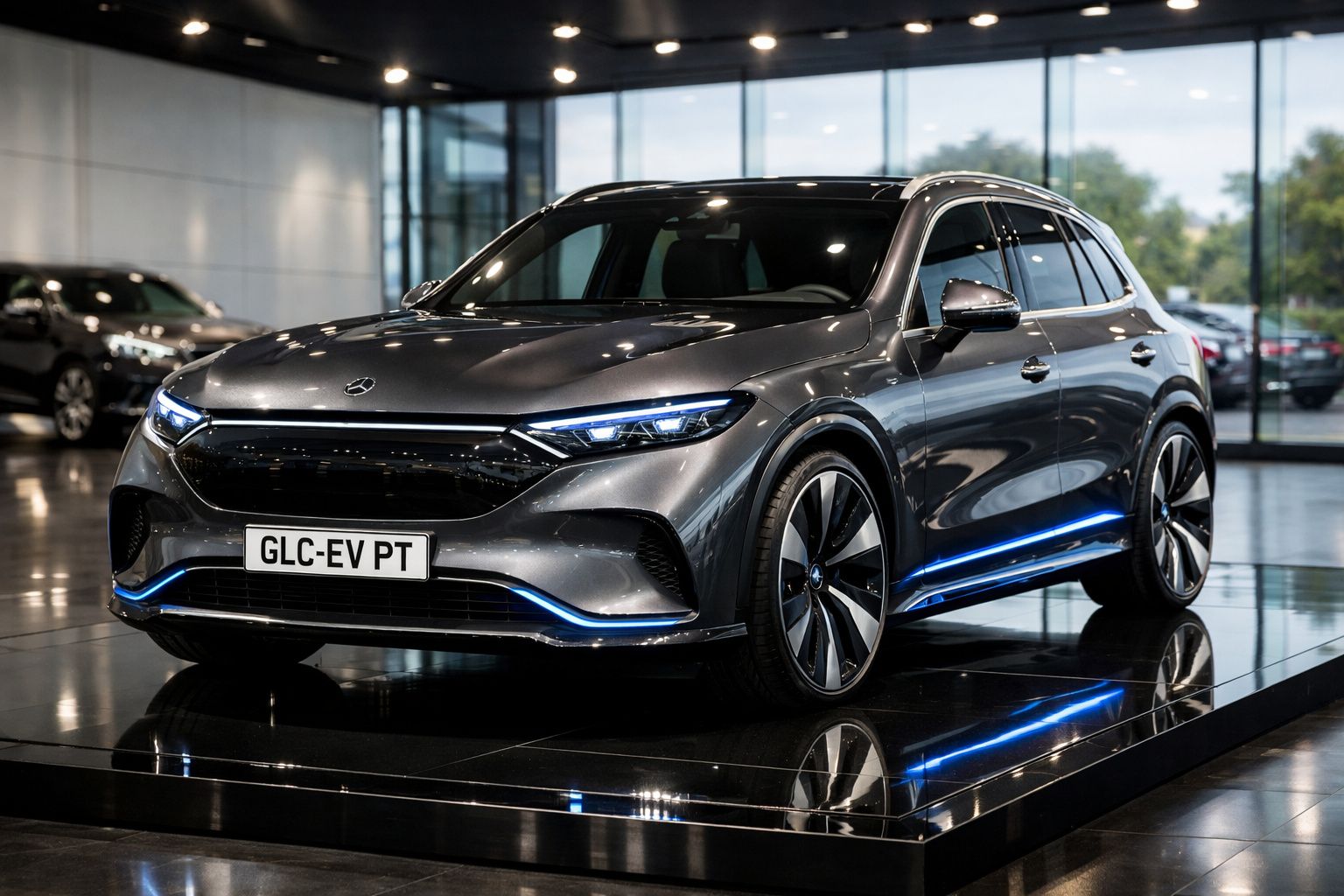 Carro SUV elétrico Mercedes-Benz cinzento com luzes azuis exposto em showroom moderno e reluzente.